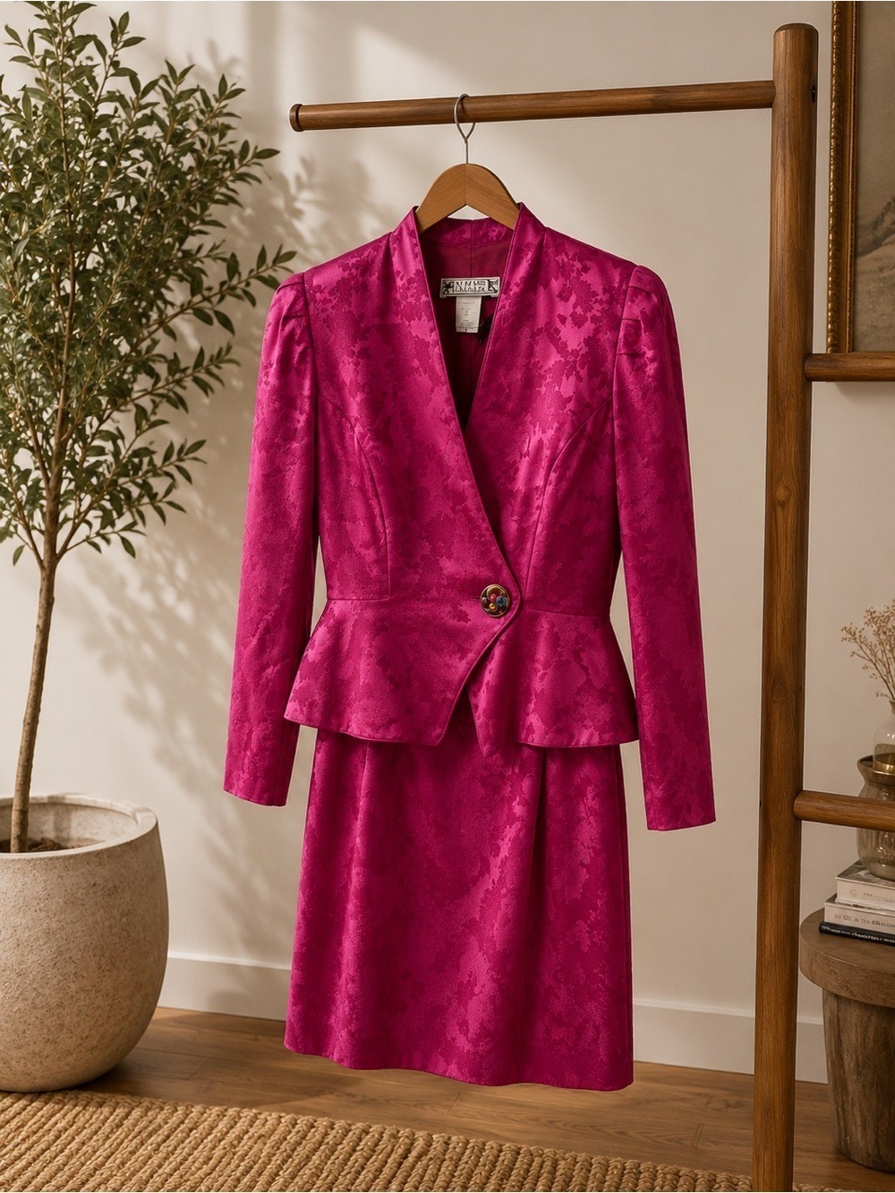 🩷 Vintage Braemar Petites Magenta Peplum Blazer & Jacquard Skirt Set • Size 5/6